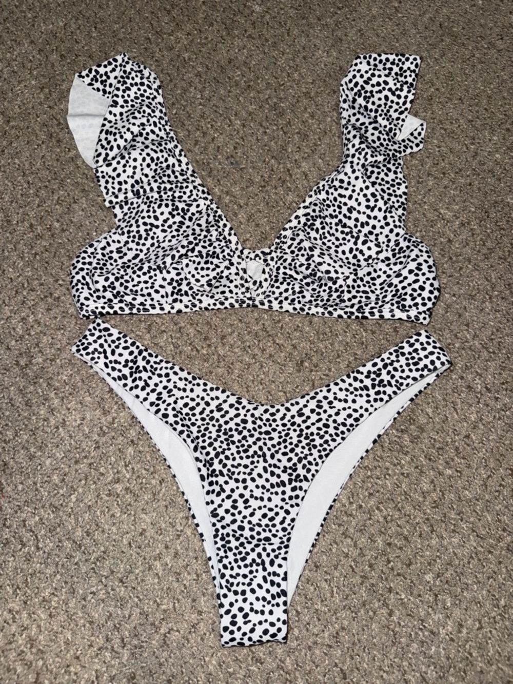 SHEIN Black & White Dalmatian Print Ruffle Strap Bikini